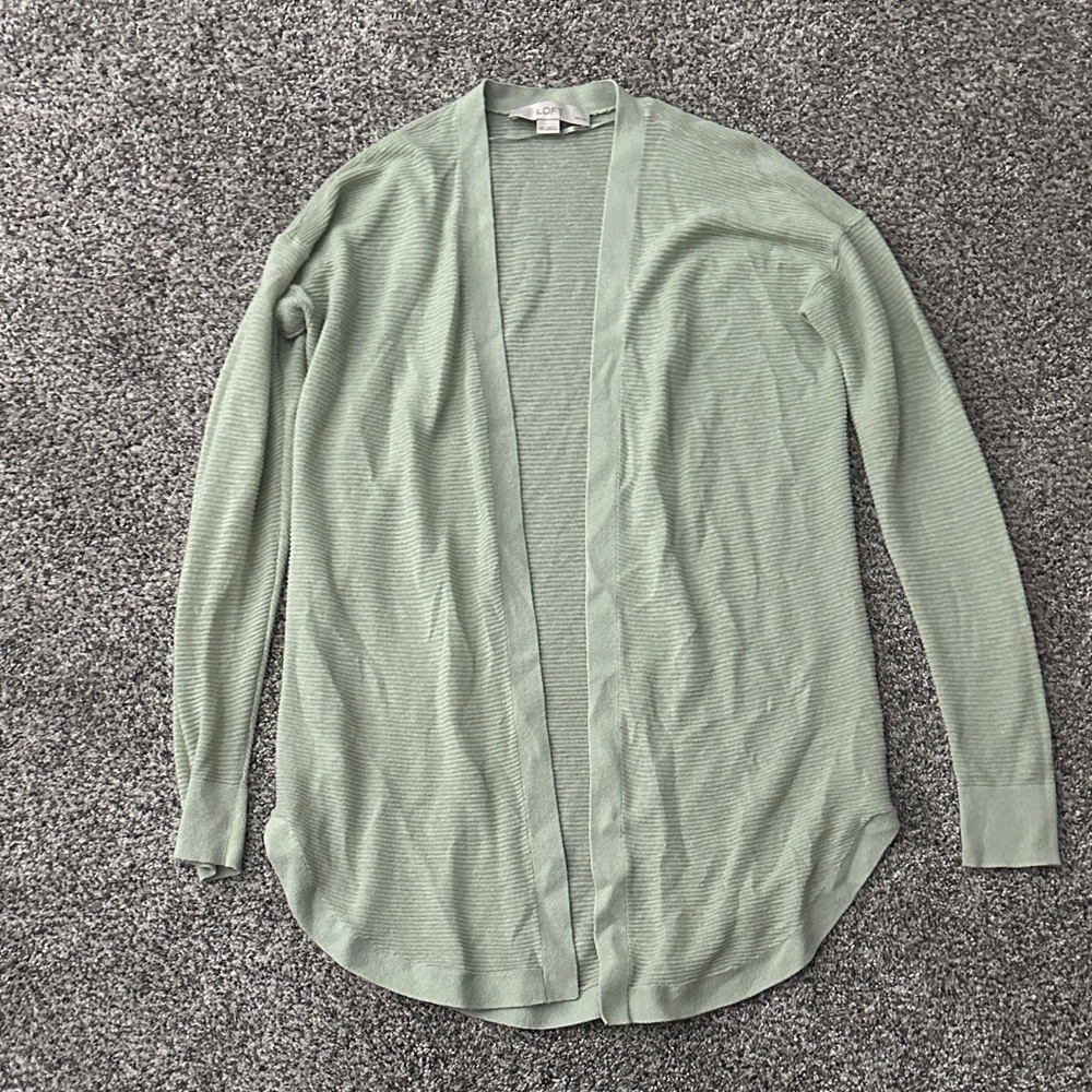 LOFT Light Sage Open-Front Ribbed Cardigan XSP